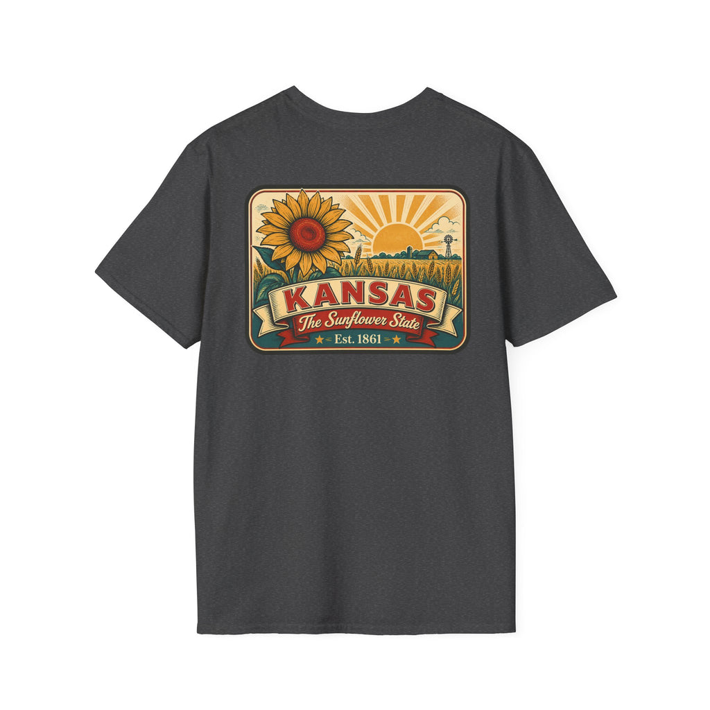 Kansas sunflower badge graphic T-shirt, dark gray, crew neck short sleeves