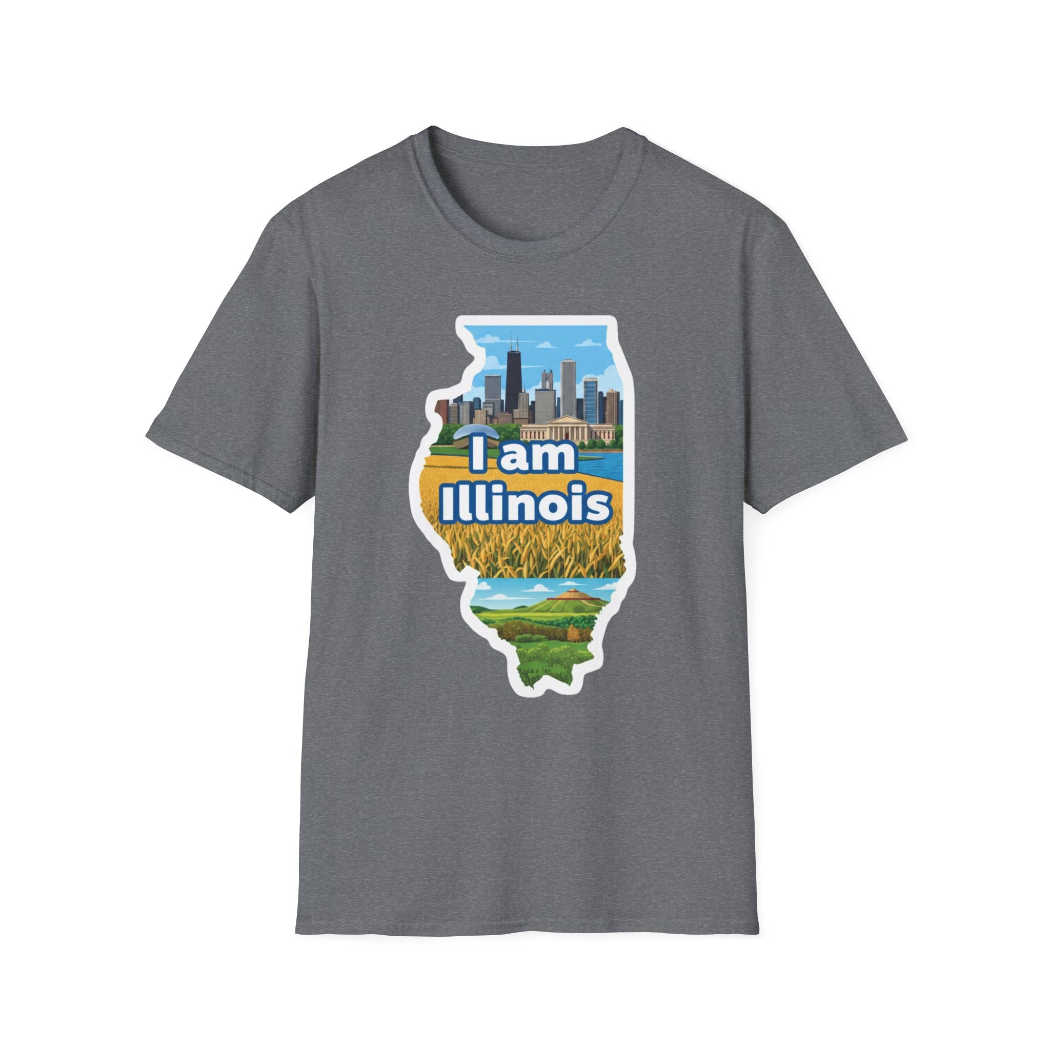 I Am Illinois T-shirt in Dark Heather Grey, Illinois map skyline and farmland