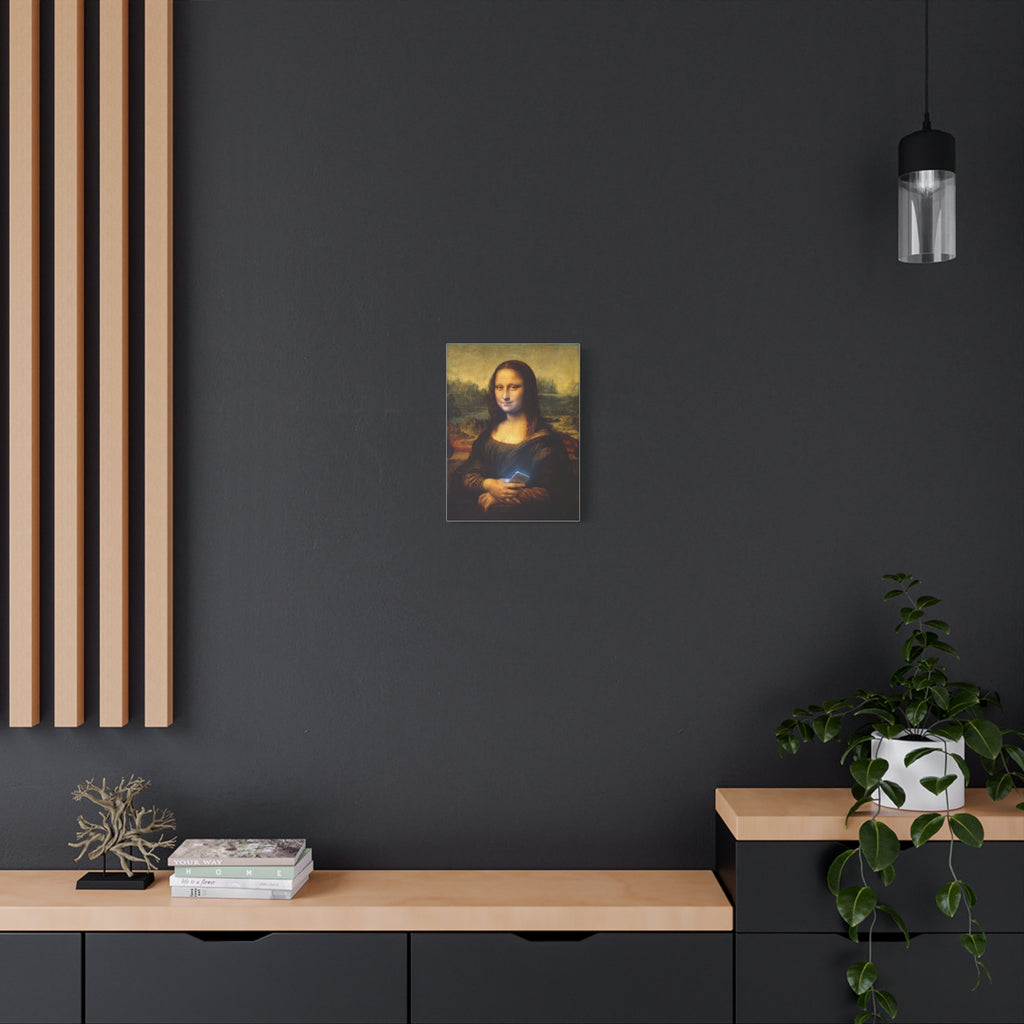 Matte canvas print of Mona Lisa holding a smartphone, small square wall art