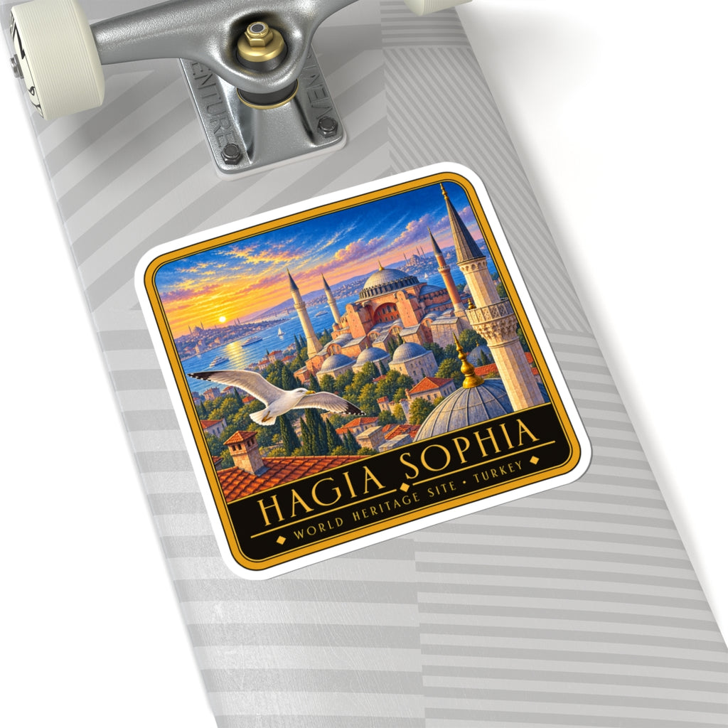 Hagia Sophia vinyl decal on striped luggage, square mosque artwork with seagull and text