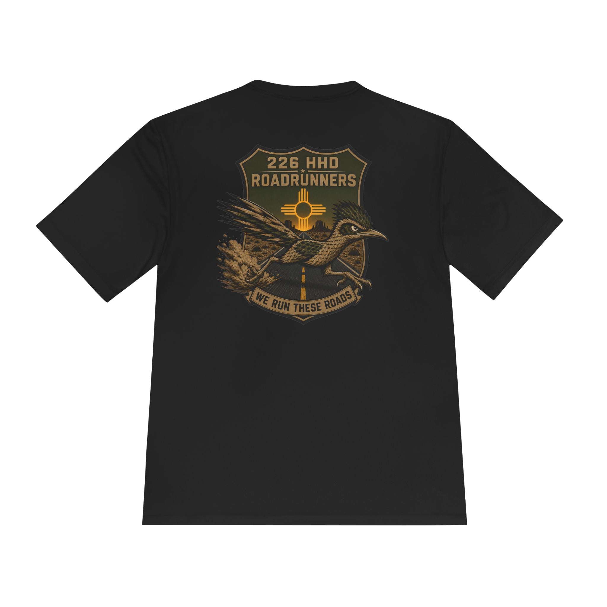 Black polyester T-shirt with bird graphic and text on back