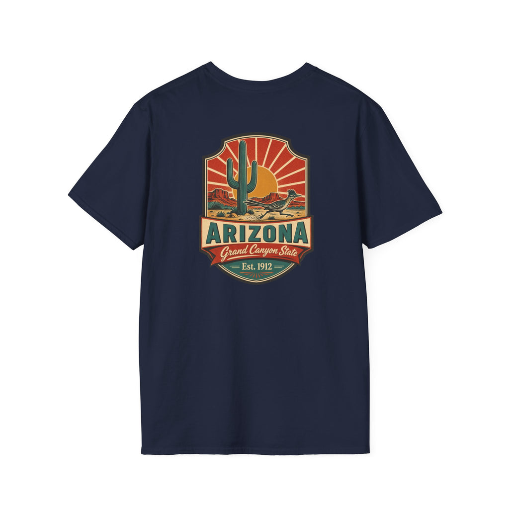 Navy t-shirt with Arizona desert badge logo and cactus graphic