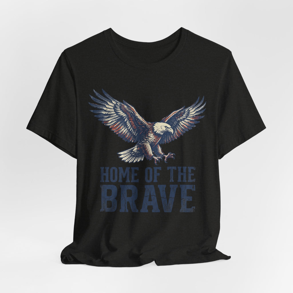 Black crew-neck T-shirt with bald eagle and 'HOME OF THE BRAVE' text