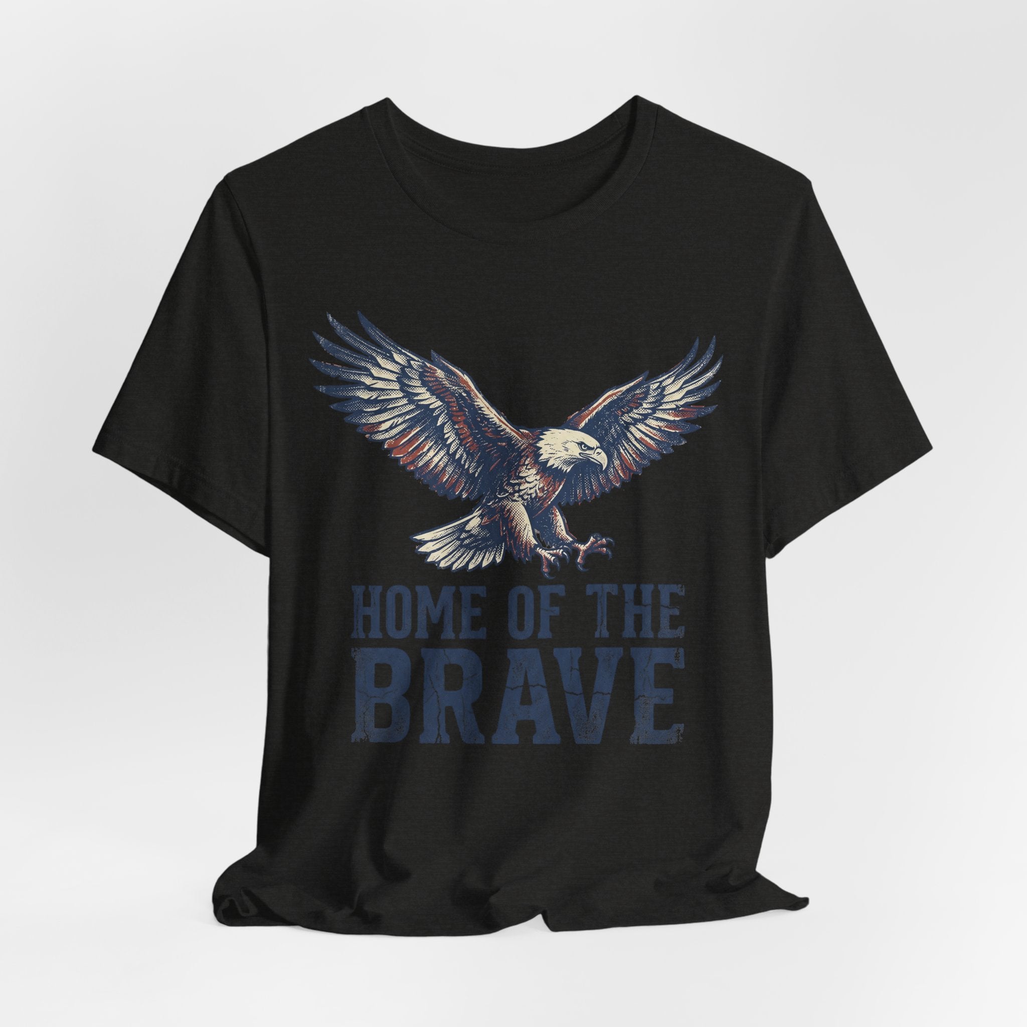 Black crew-neck T-shirt with bald eagle and 'HOME OF THE BRAVE' text