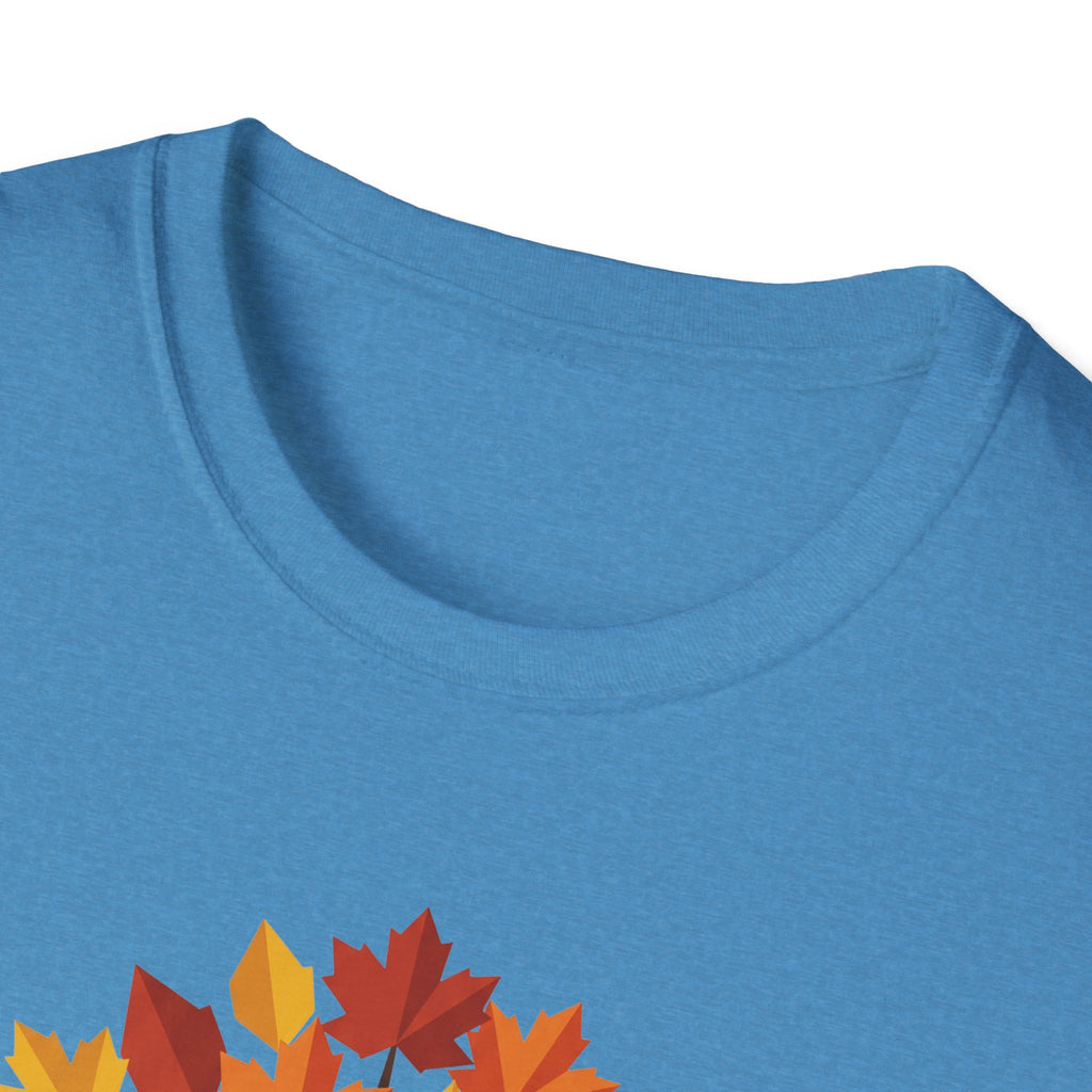 Autumn Maple T-Shirt, blue: Rundhals mit Nahaufnahme Herbstlaub-Baum Motiv