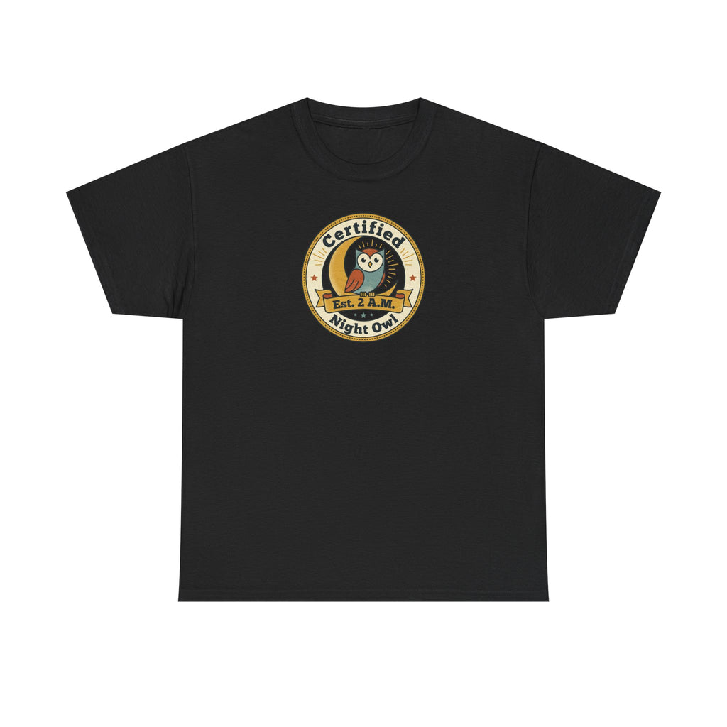 Black crewneck T-shirt with round owl badge print on chest