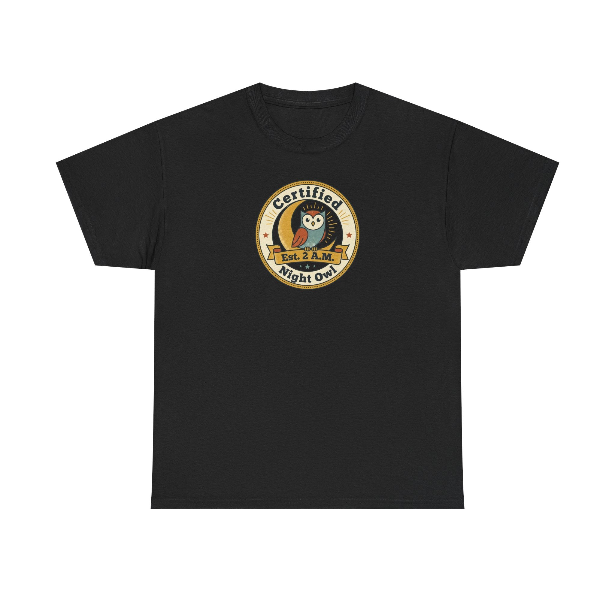 Black crewneck T-shirt with round owl badge print on chest