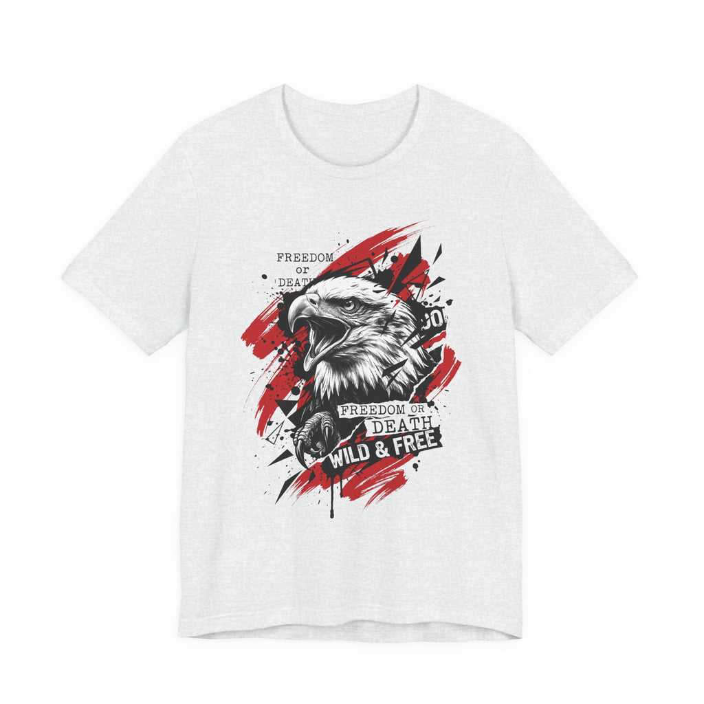 Light gray eagle graphic T-shirt with red splatter circle and front eagle head print