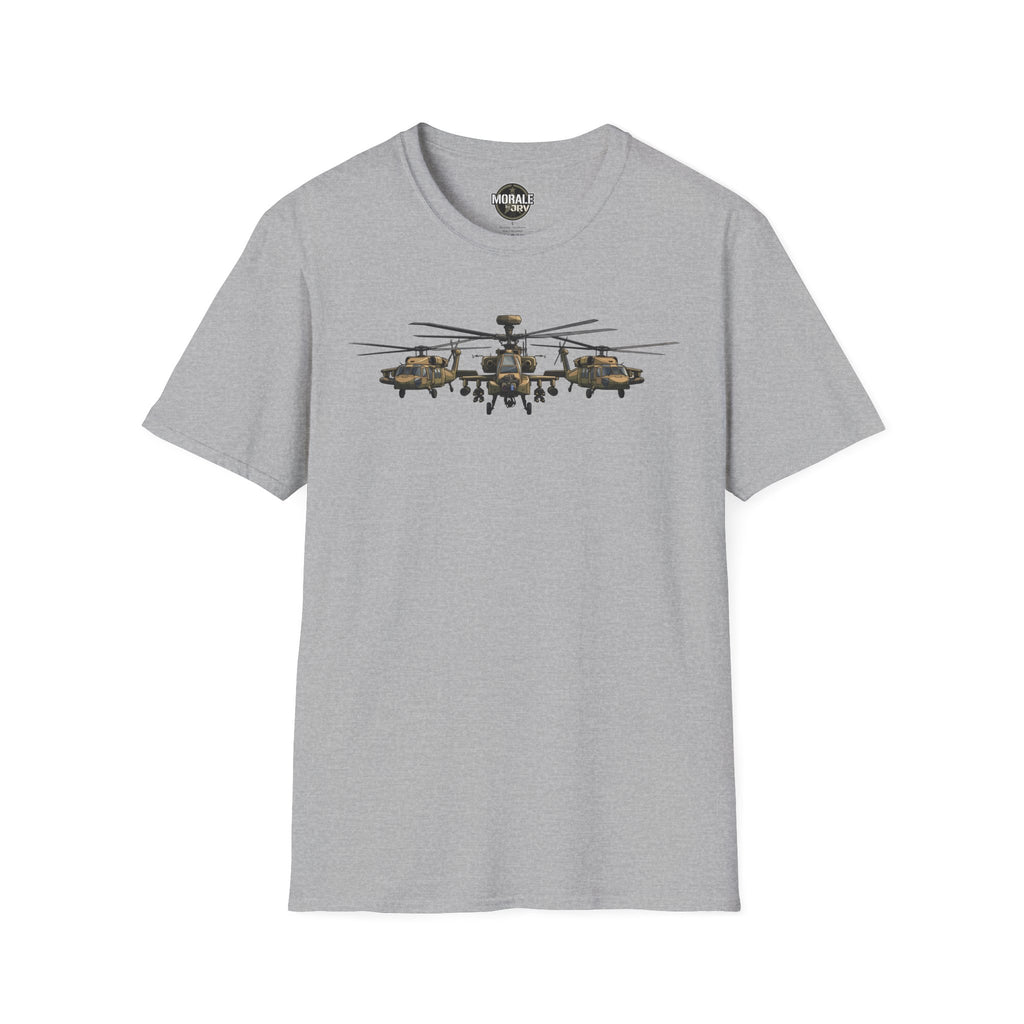 Heather gray T-shirt with Apache helicopter formation graphic across the chest