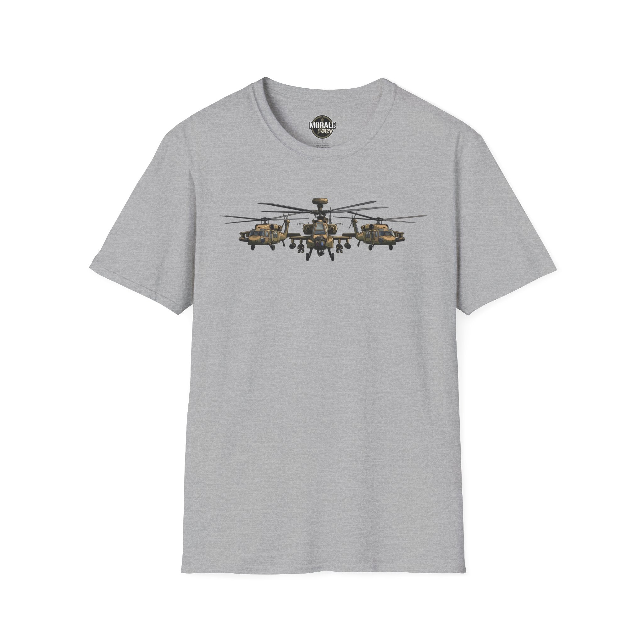 Heather gray T-shirt with Apache helicopter formation graphic across the chest