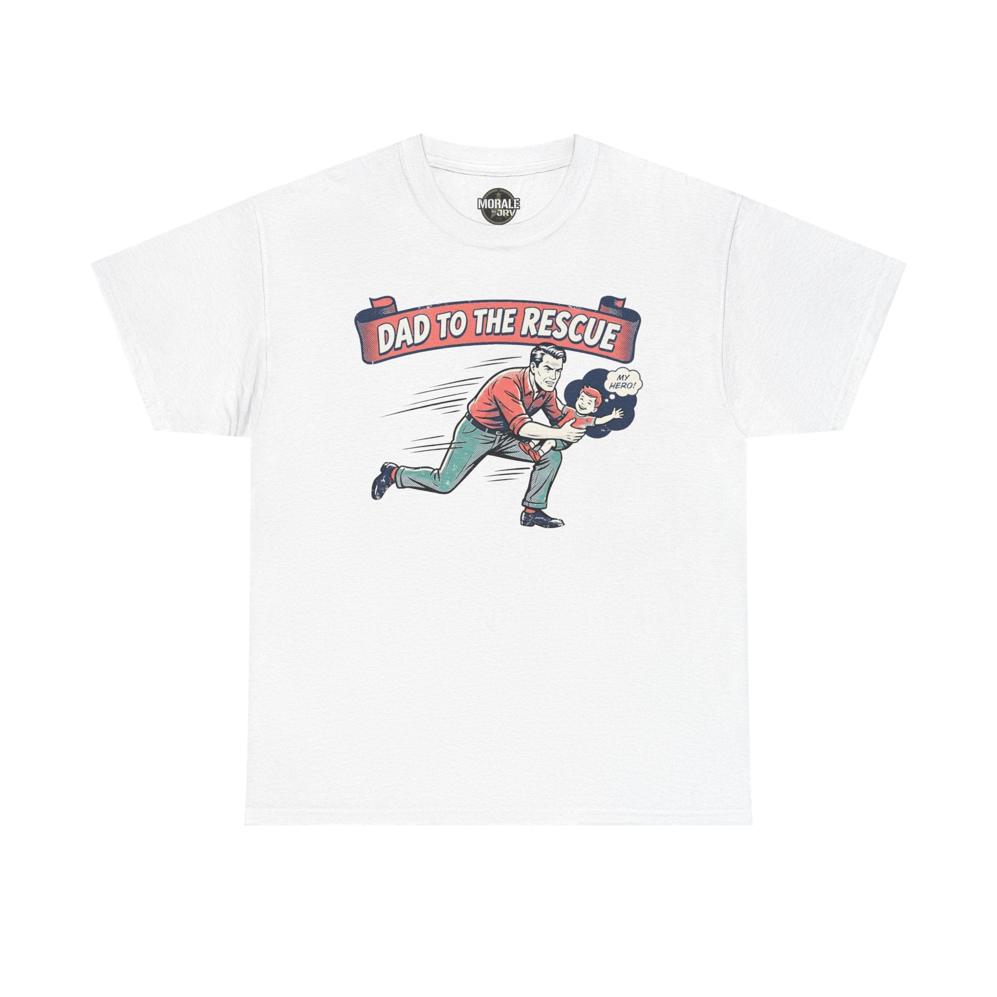 White “Dad to the Rescue” T-shirt with vintage running dad graphic