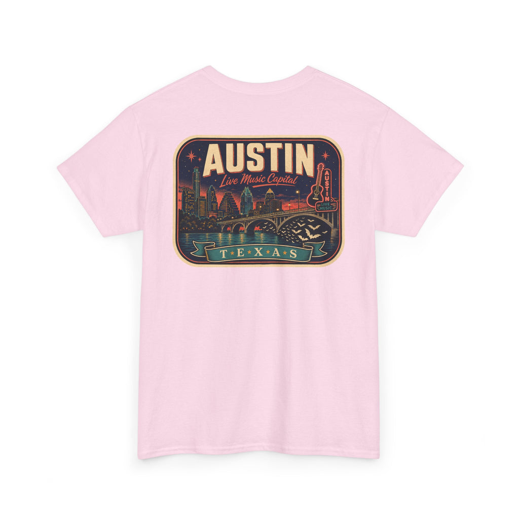 Light pink T-shirt with retro Austin Texas skyline badge graphic on front