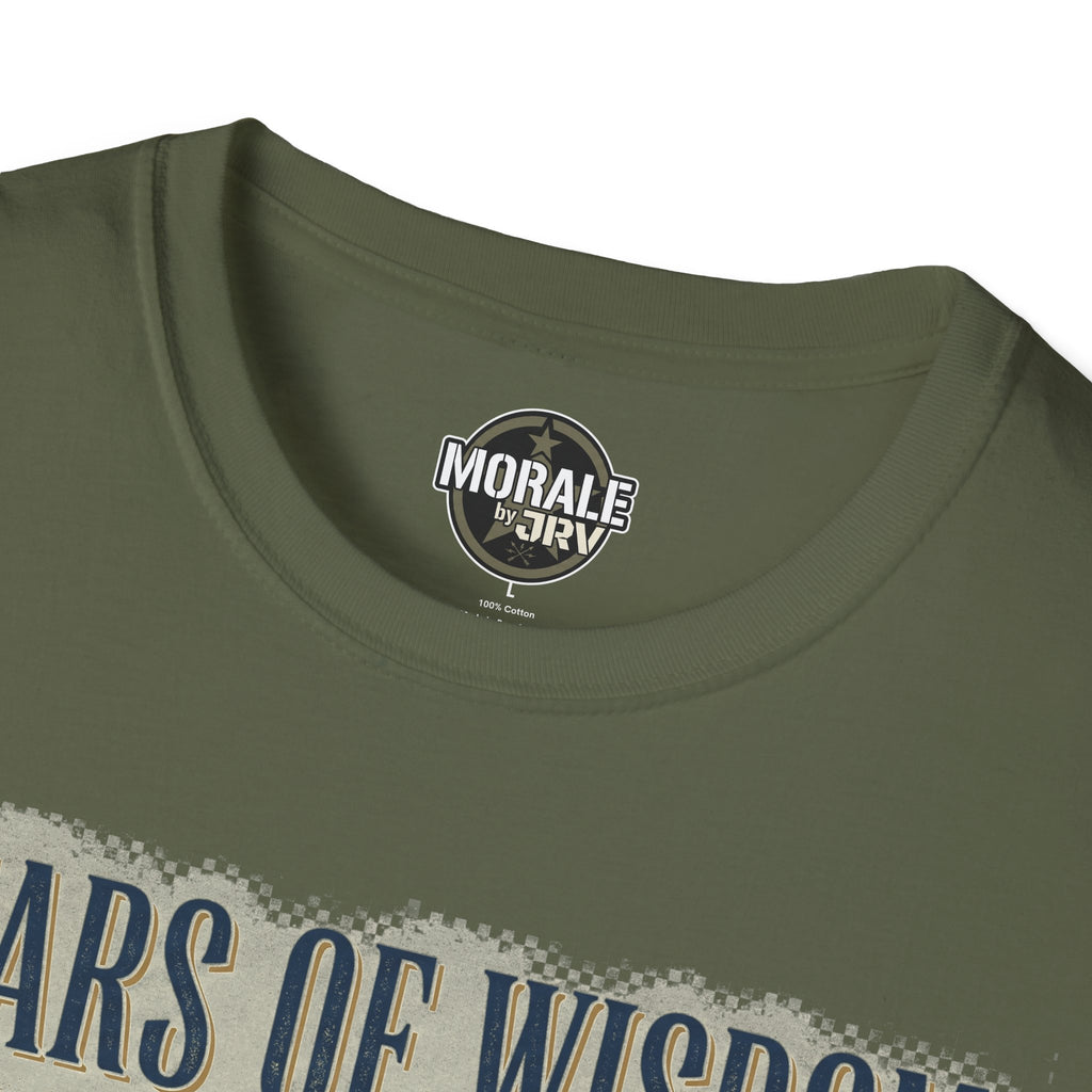 Olive green T-shirt neckline with small circular logo patch