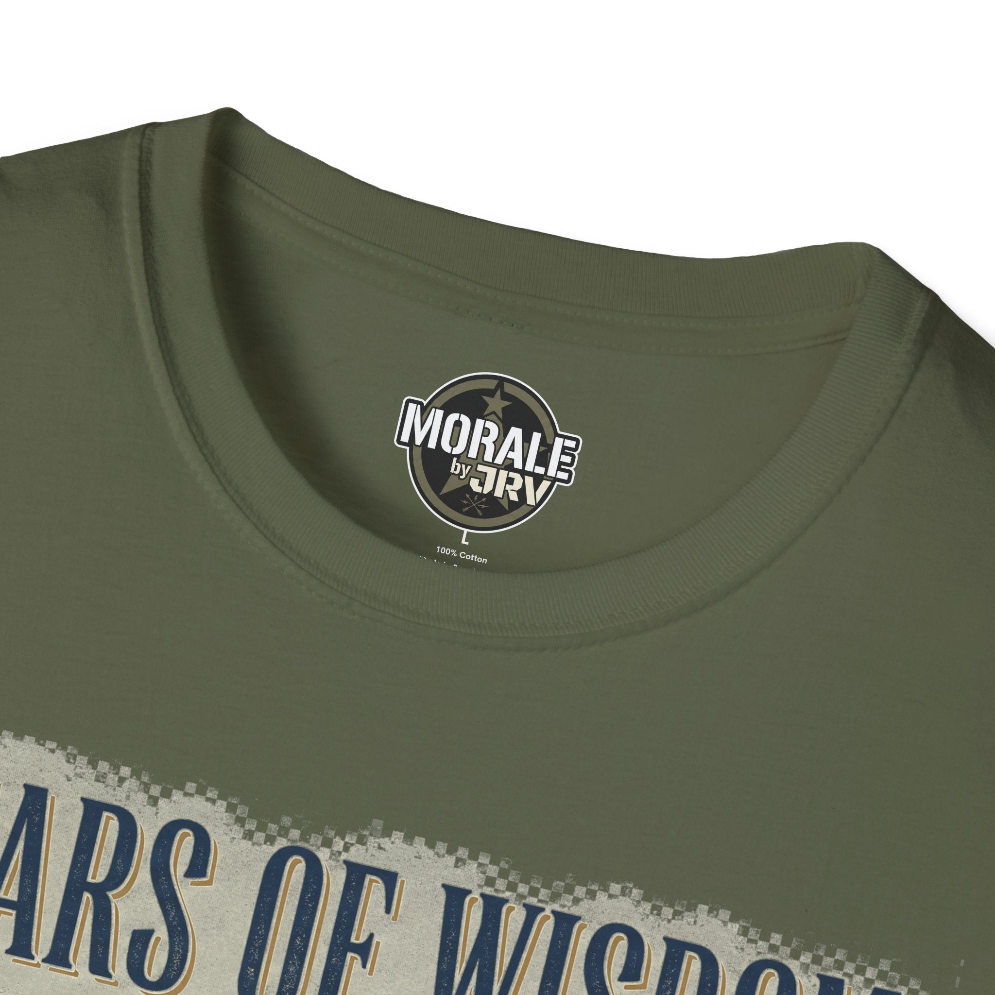 Olive green T-shirt neckline with small circular logo patch