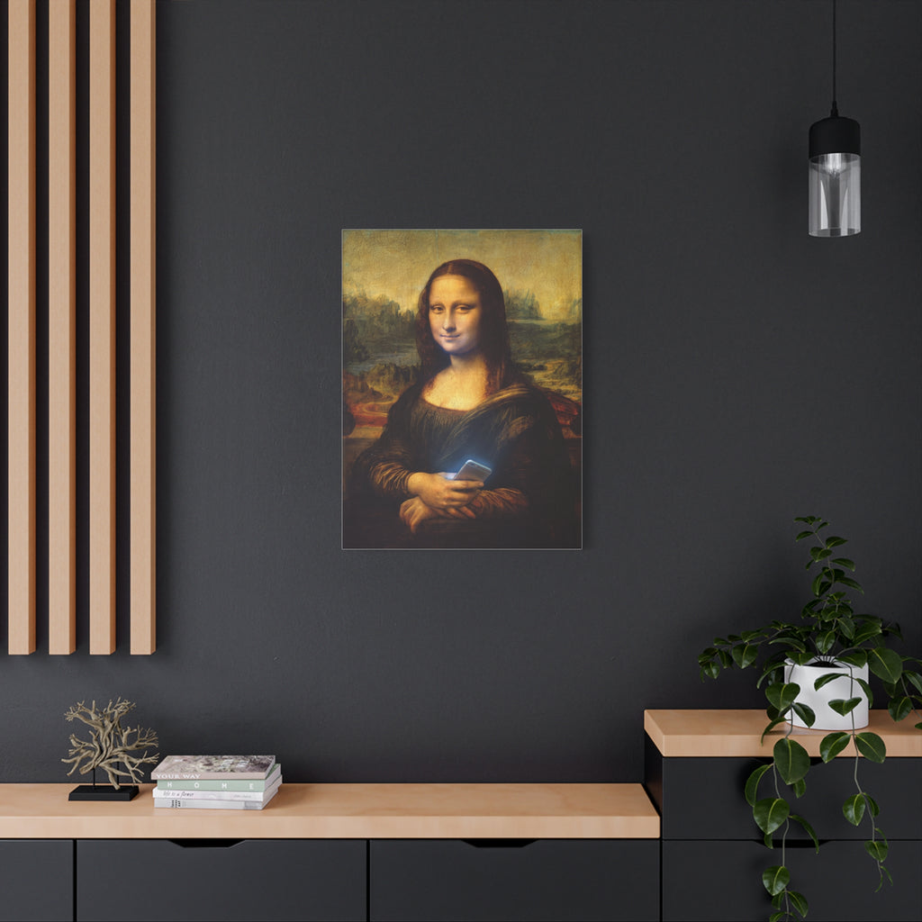Matte canvas print of Mona Lisa holding a smartphone, square wall art centered