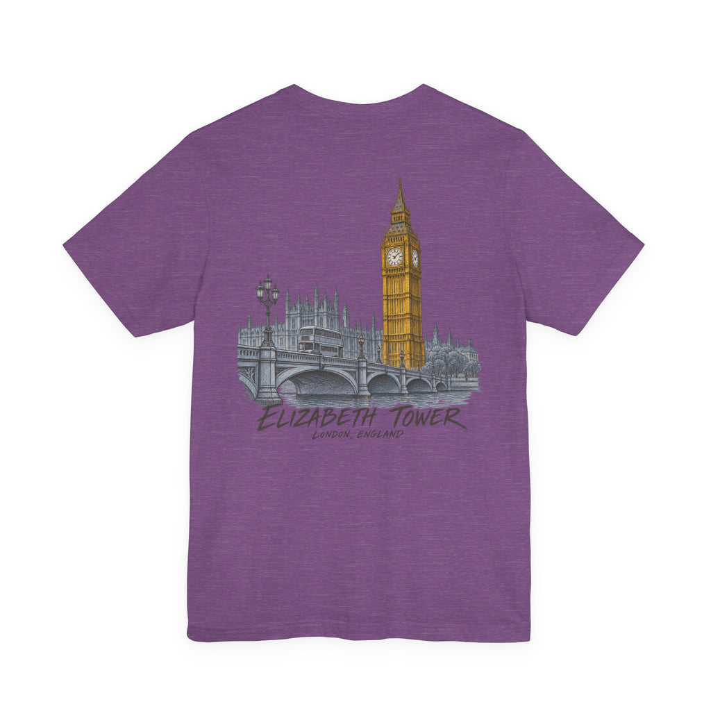 Heather purple travel T-shirt with Elizabeth Tower skyline graphic on chest