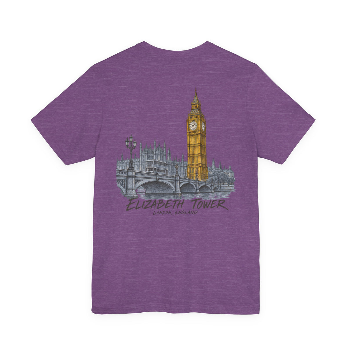 Heather purple travel T-shirt with Elizabeth Tower skyline graphic on chest
