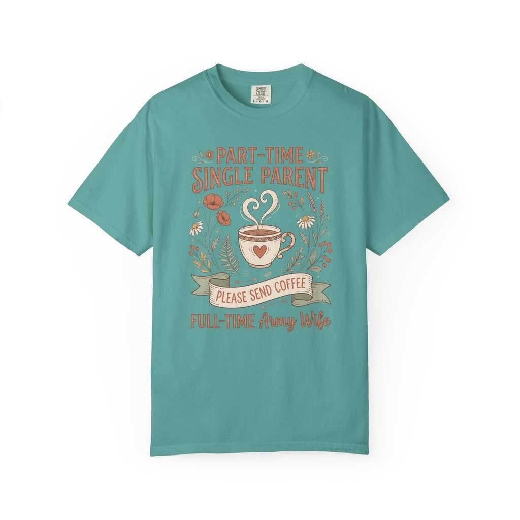 Teal t-shirt with coffee and floral text graphic, short sleeves