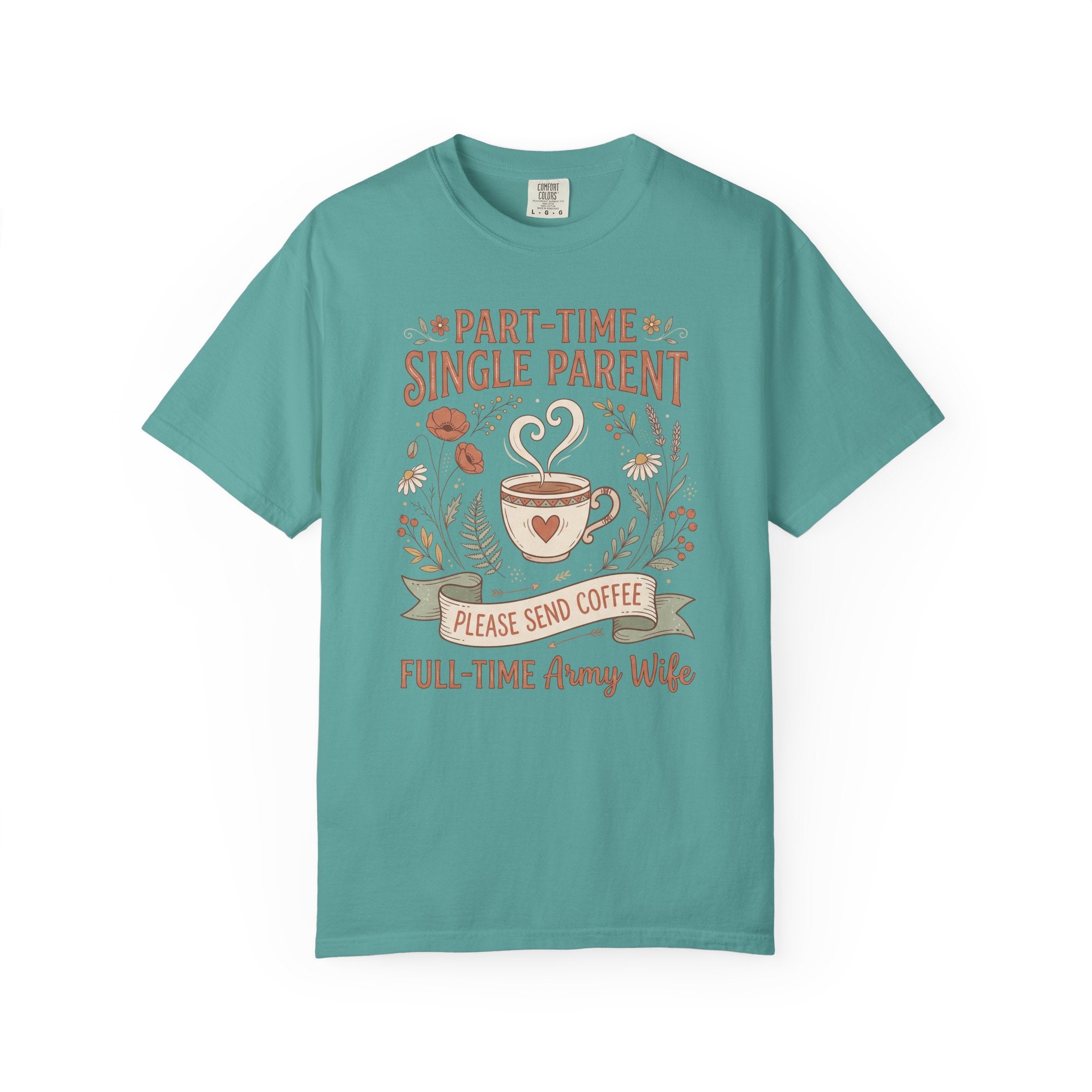 Teal t-shirt with coffee and floral text graphic, short sleeves