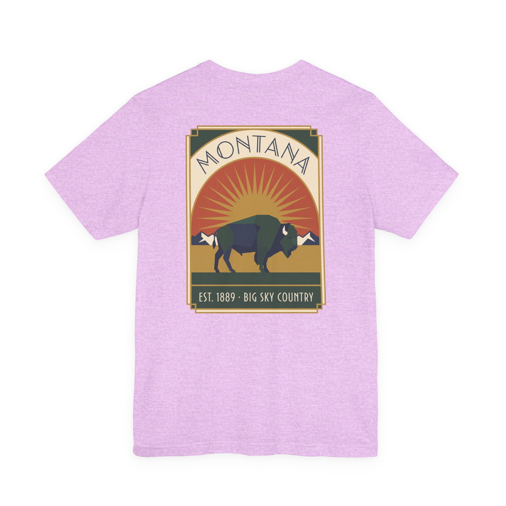 Lavender t-shirt with rectangular Montana bison graphic print on the chest