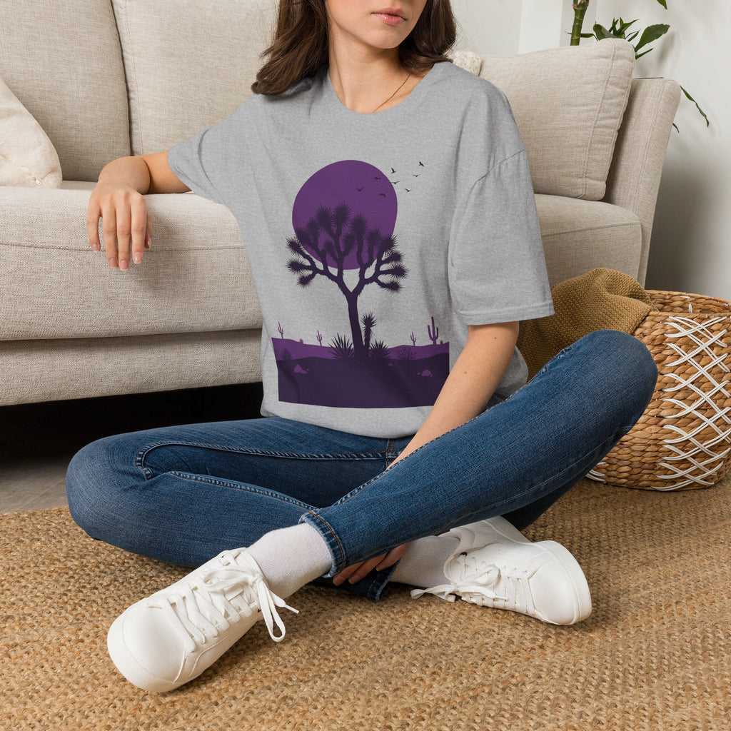 Heather gray crew-neck T-shirt with purple moon tree landscape graphic
