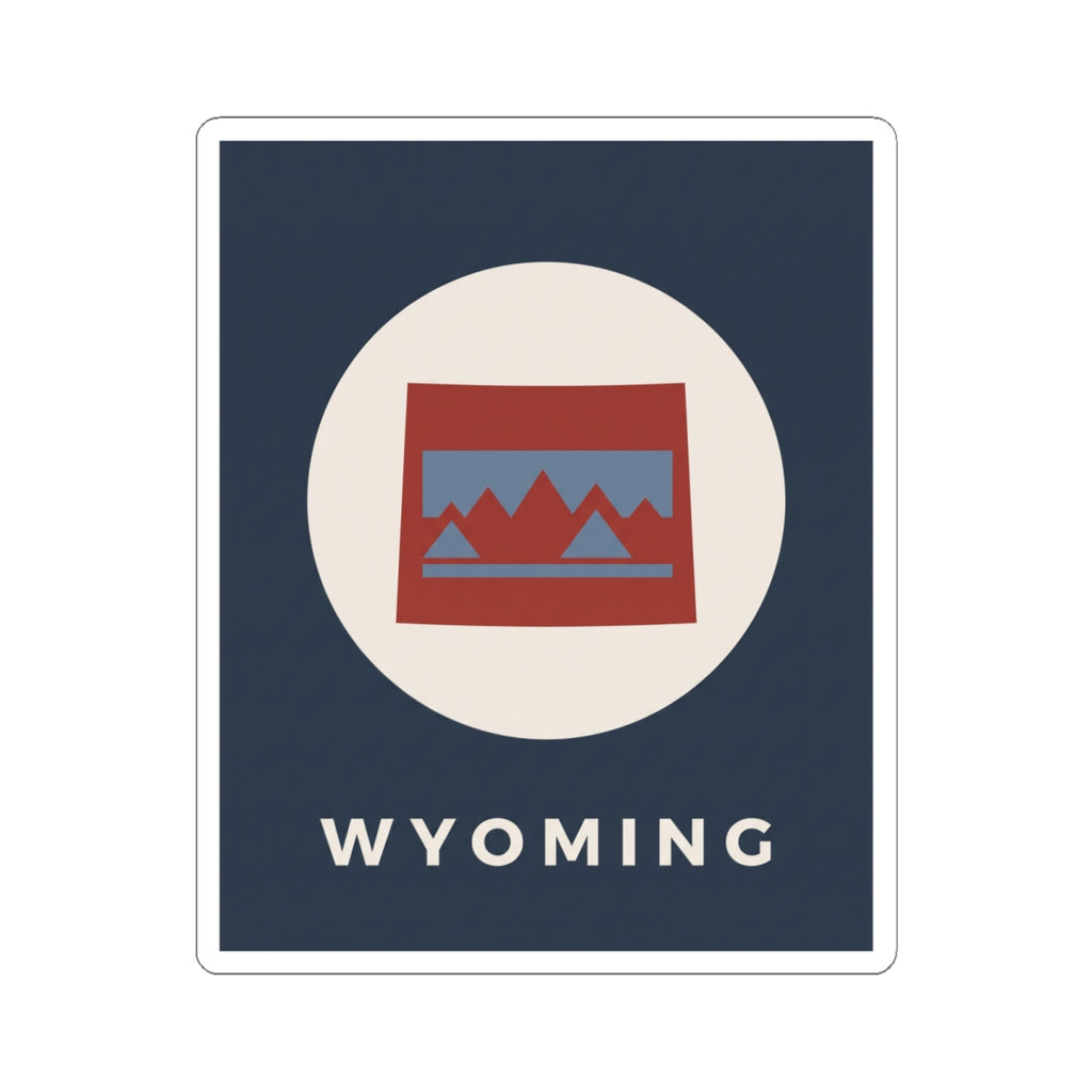 Square navy Wyoming sticker with red and blue mountain icon and “WYOMING” at bottom.