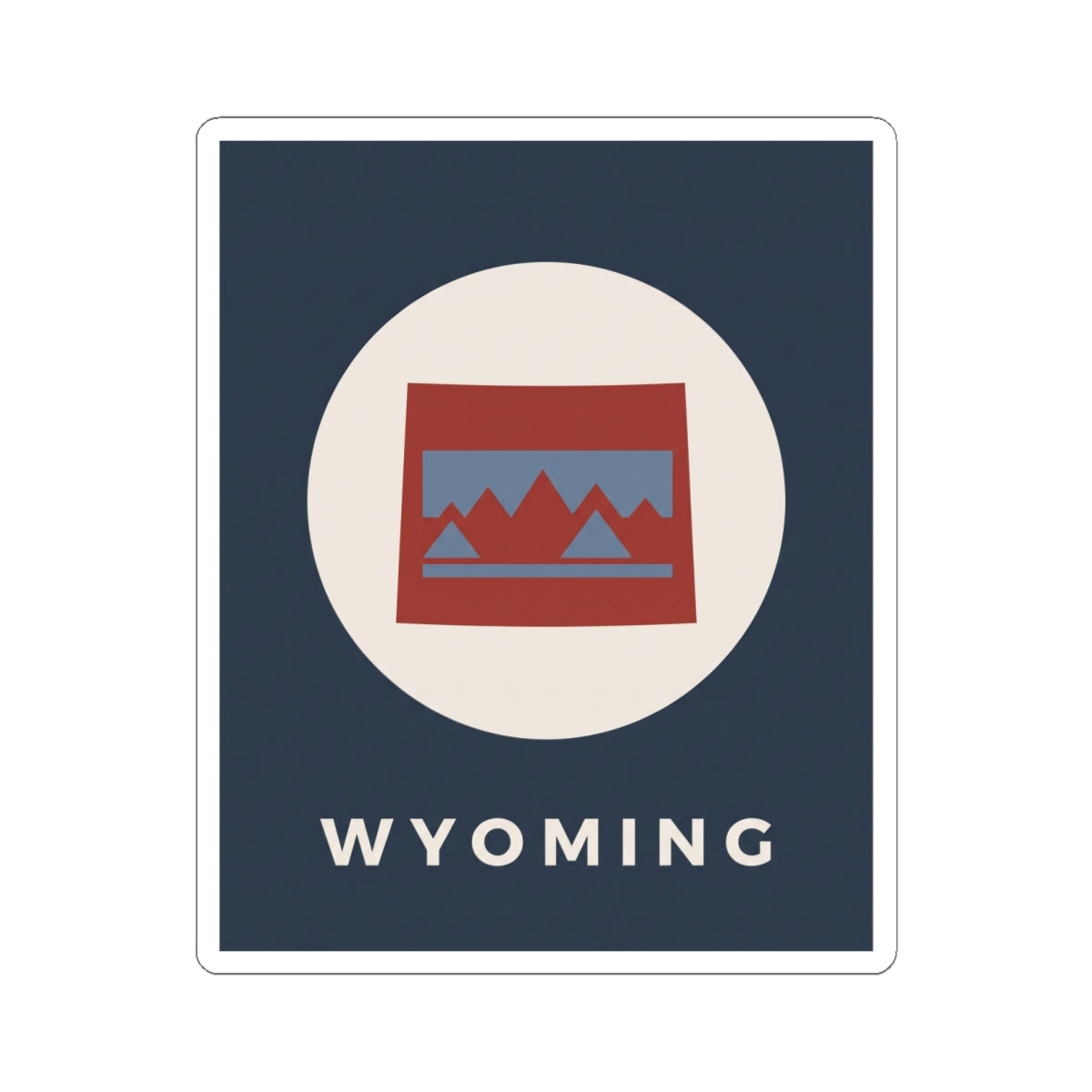 Square navy Wyoming sticker with red and blue mountain icon and “WYOMING” at bottom.