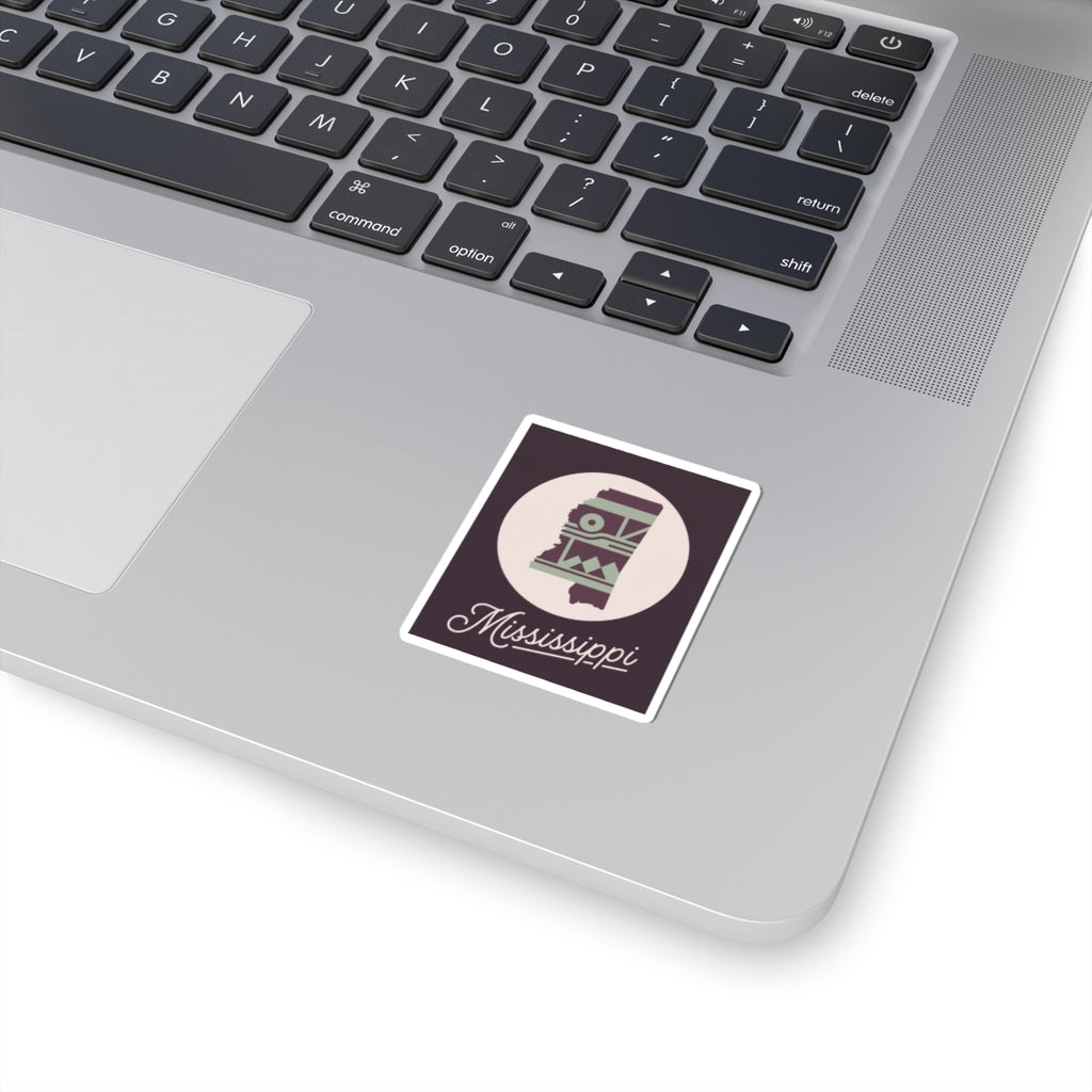 Mississippi state silhouette kiss-cut decal sticker on laptop, maroon and white square