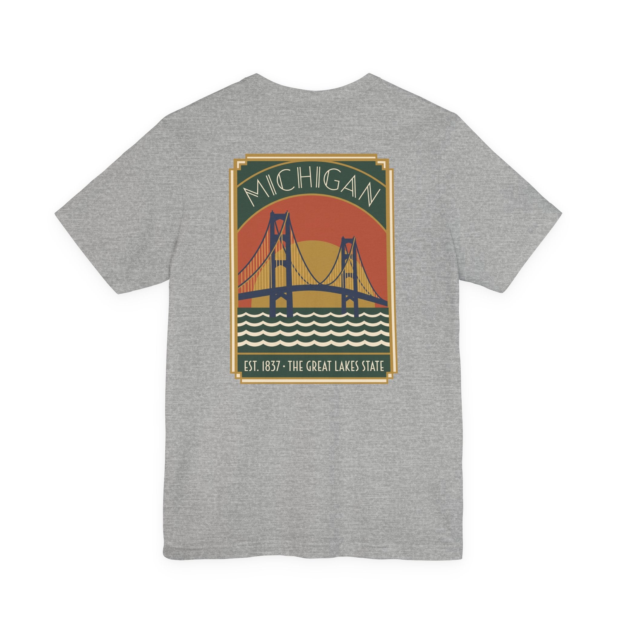 Heather gray T-shirt with Michigan bridge art deco graphic and Est. 1837 print
