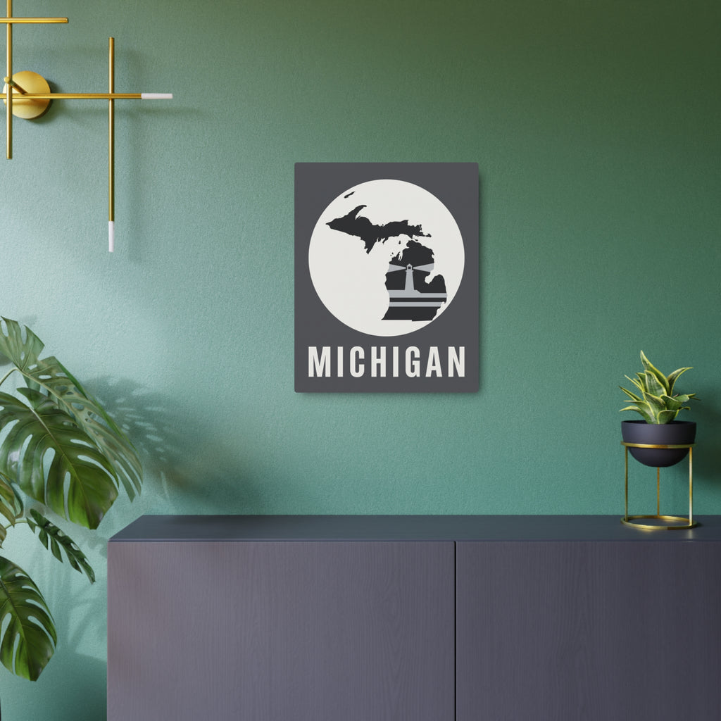 Dark gray metal wall sign with circular Michigan map graphic and MICHIGAN lettering