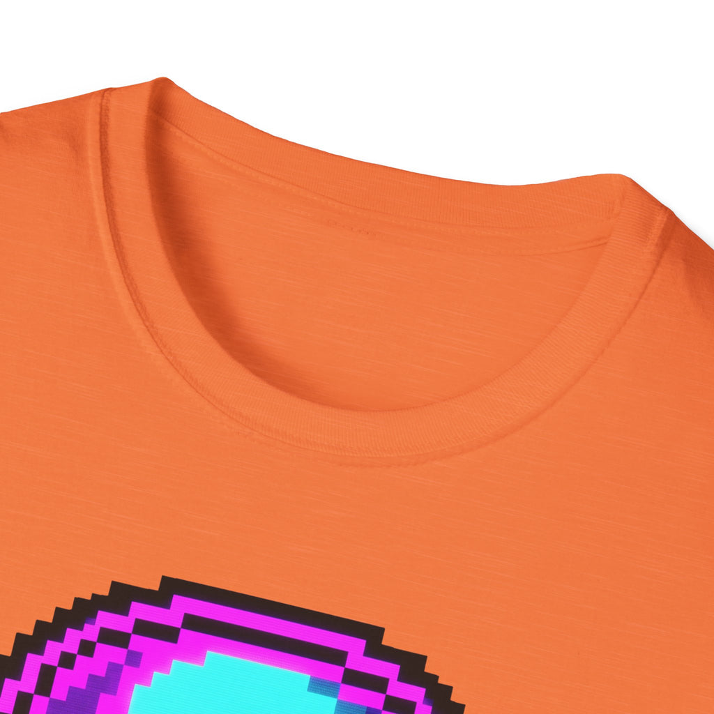 Orange T-shirt neckline close-up with partial colorful pixel skull graphic