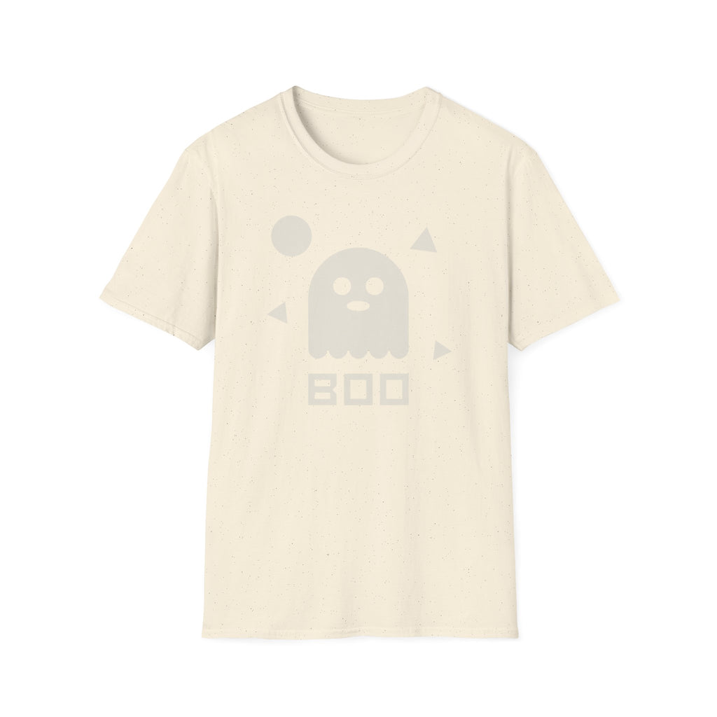 Halloween ghost graphic T-shirt, cream with centered white ghost and BOO