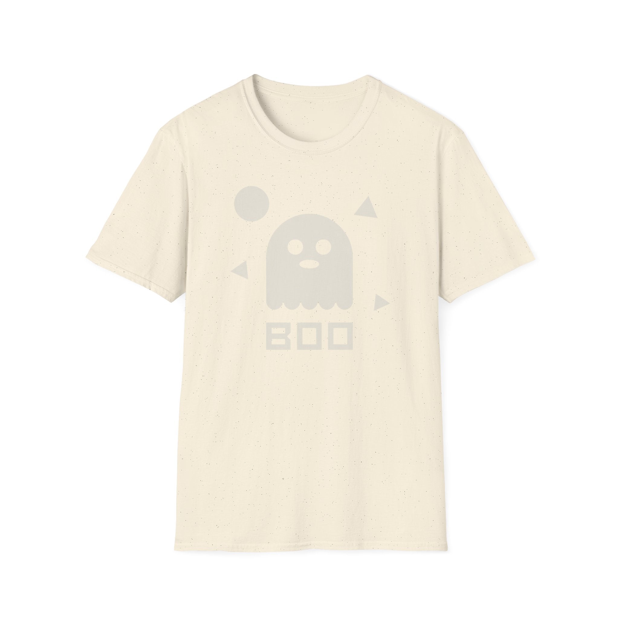 Halloween ghost graphic T-shirt, cream with centered white ghost and BOO
