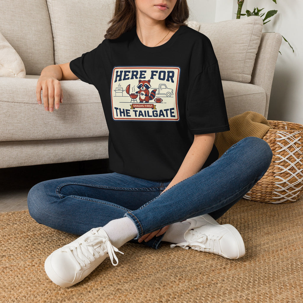 Black crewneck T-shirt with raccoon tailgate graphic at chest