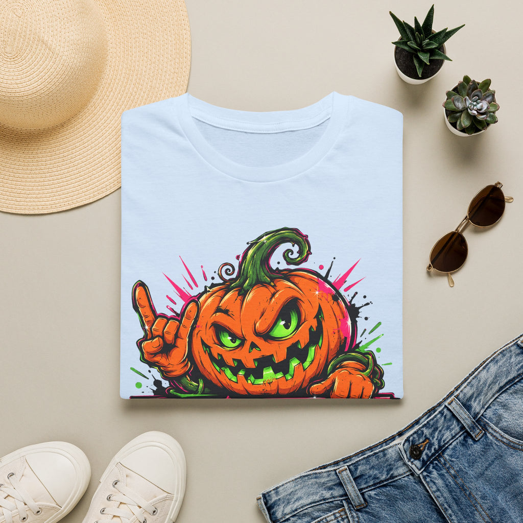 Light blue short-sleeve T-shirt with colorful spooky jack-o-lantern graphic on chest