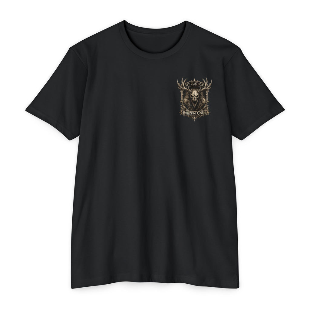 Black crewneck graphic T-shirt with small gold Hunters of Chaos logo on chest.