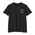 Black crewneck graphic T-shirt with small gold Hunters of Chaos logo on chest.