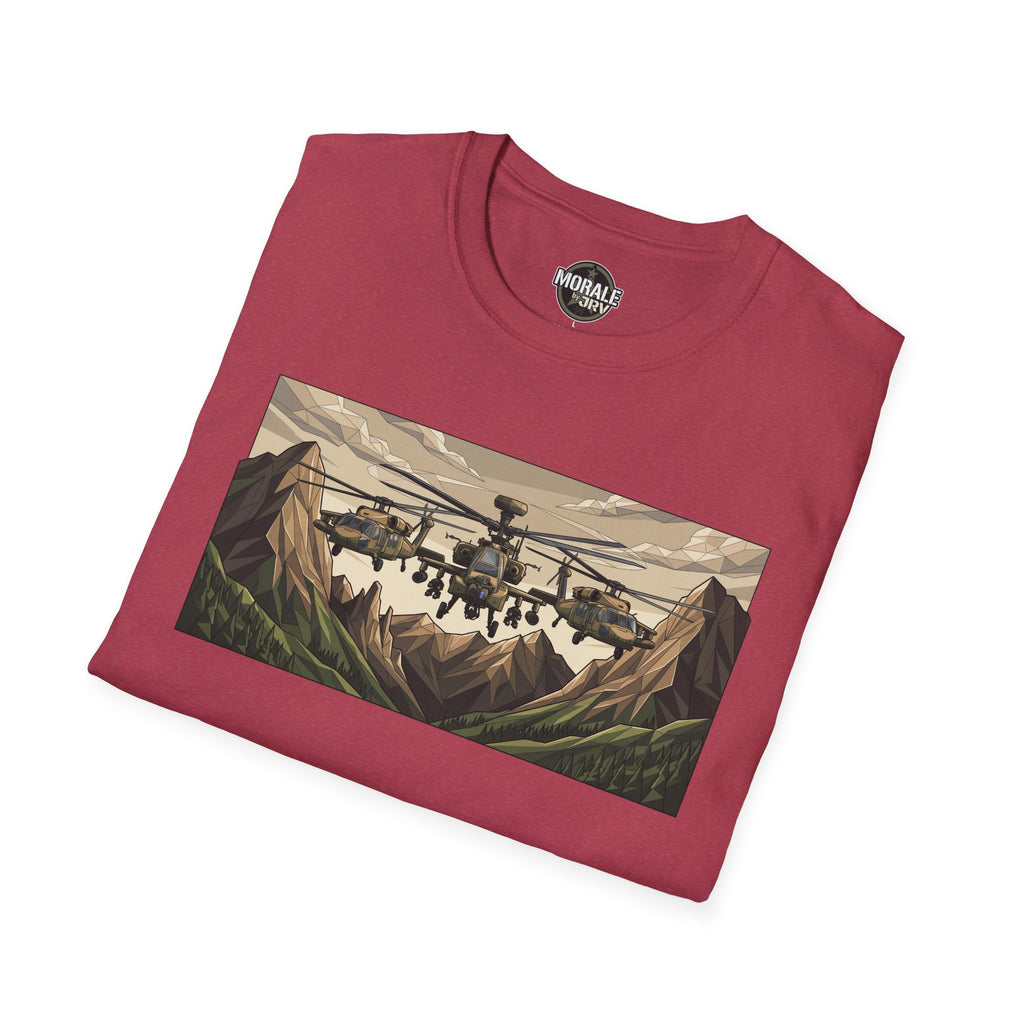Maroon crewneck T-shirt with attack helicopter over mountain landscape graphic