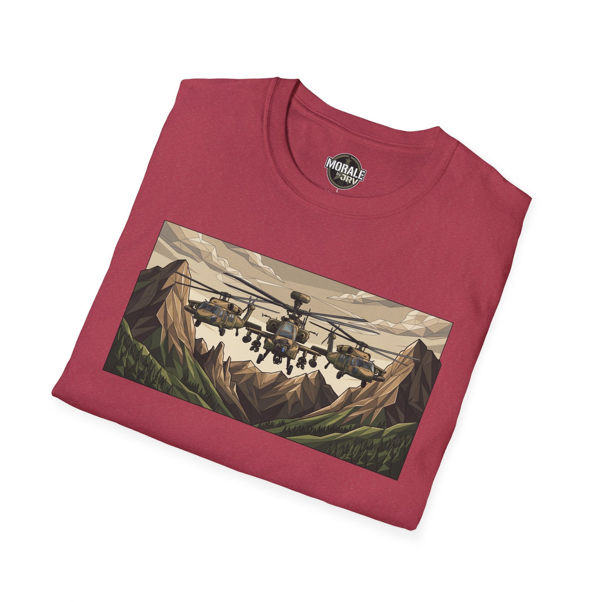 Maroon crewneck T-shirt with attack helicopter over mountain landscape graphic