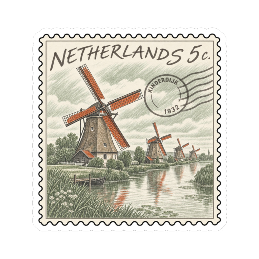 Netherlands 5c windmill stamp sticker featuring canal windmills and ink-style text
