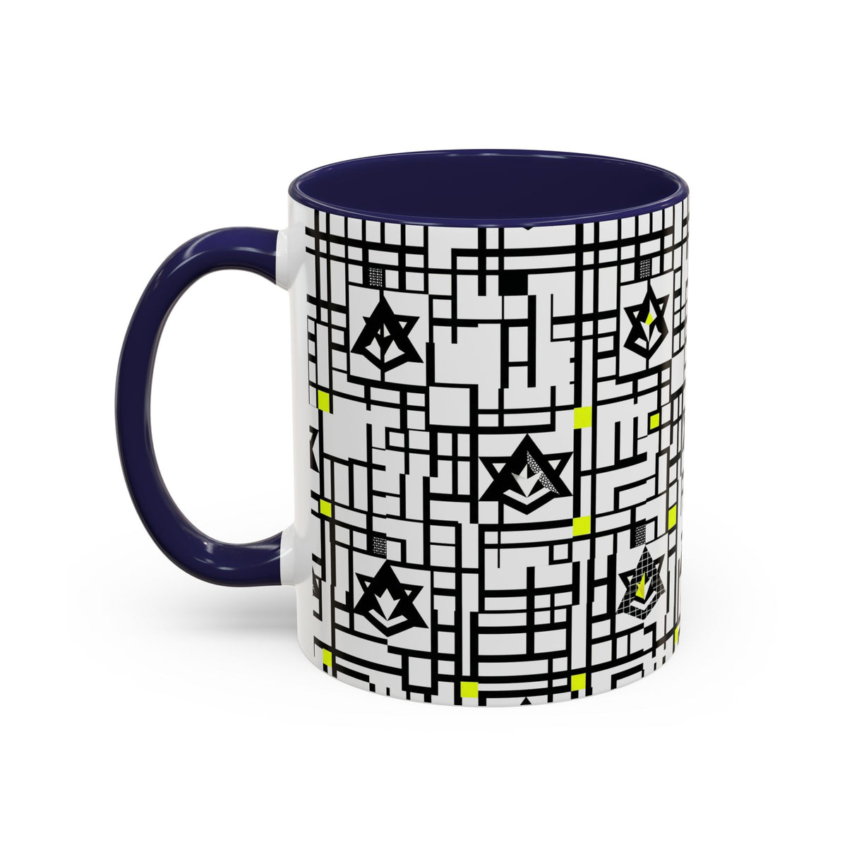 Geometric star grid mug, navy interior and handle, black-white geometric grid with green star accents
