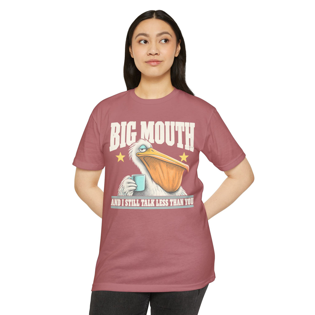 Rose/pink T-shirt with front pelican holding a cup, “BIG MOUTH” text