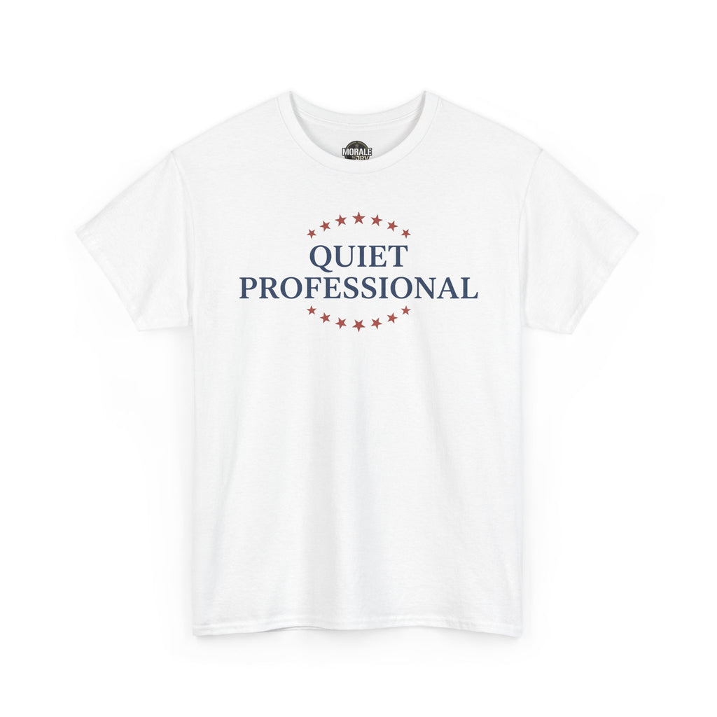 White crew-neck t-shirt front view with red star circle and “QUIET PROFESSIONAL” print