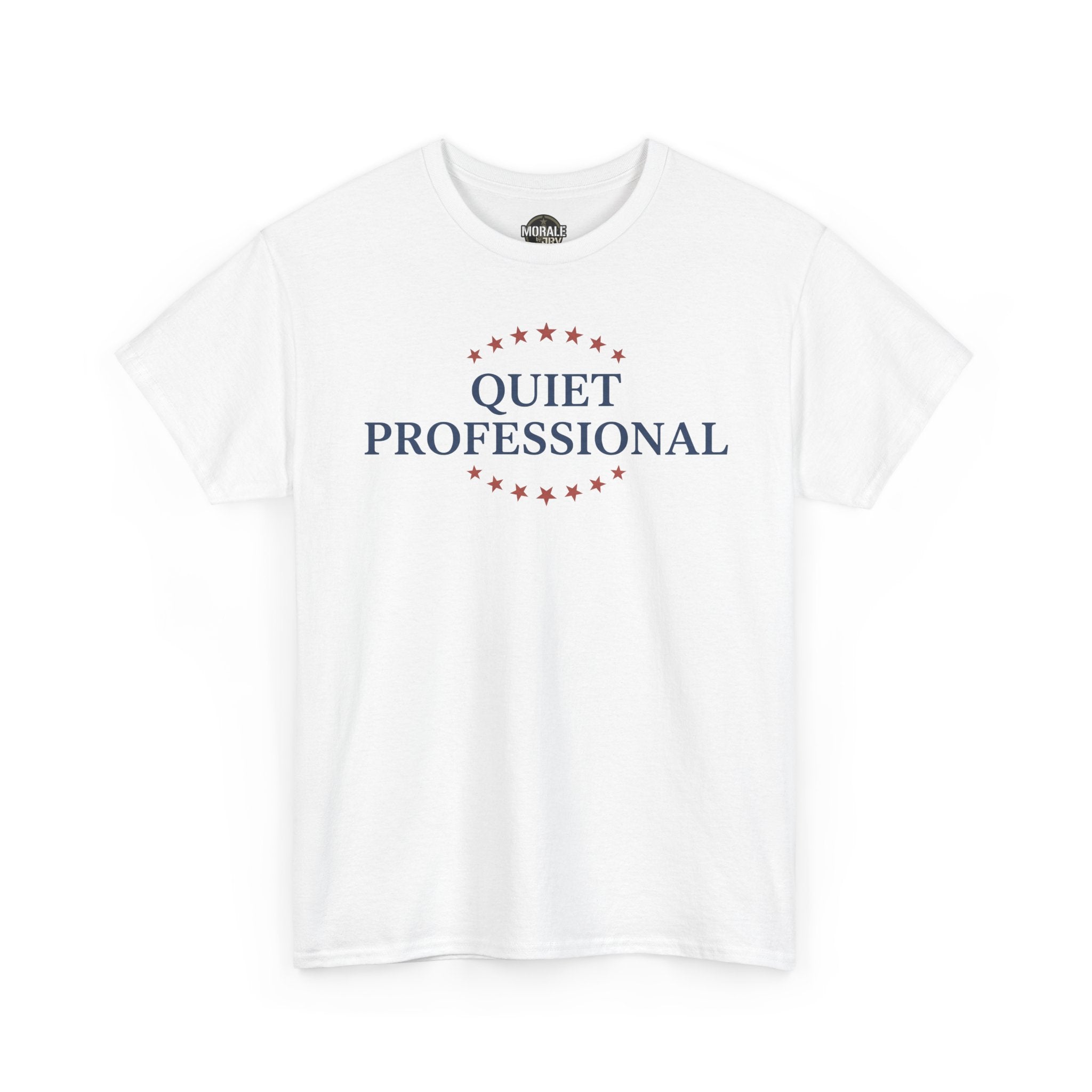 White crew-neck t-shirt front view with red star circle and “QUIET PROFESSIONAL” print