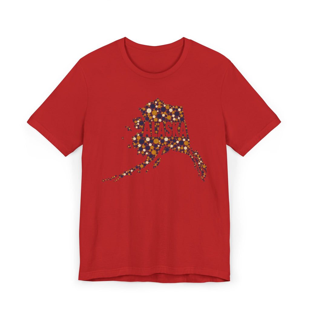 Red crew-neck T-shirt with dotted Alaska state graphic on the front