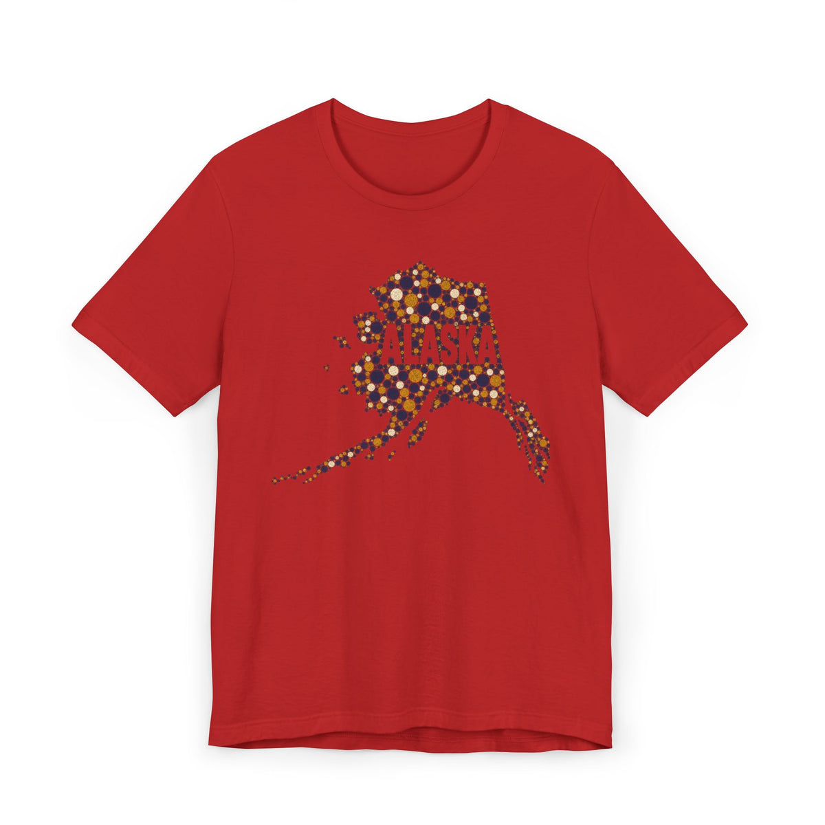 Red crew-neck T-shirt with dotted Alaska state graphic on the front