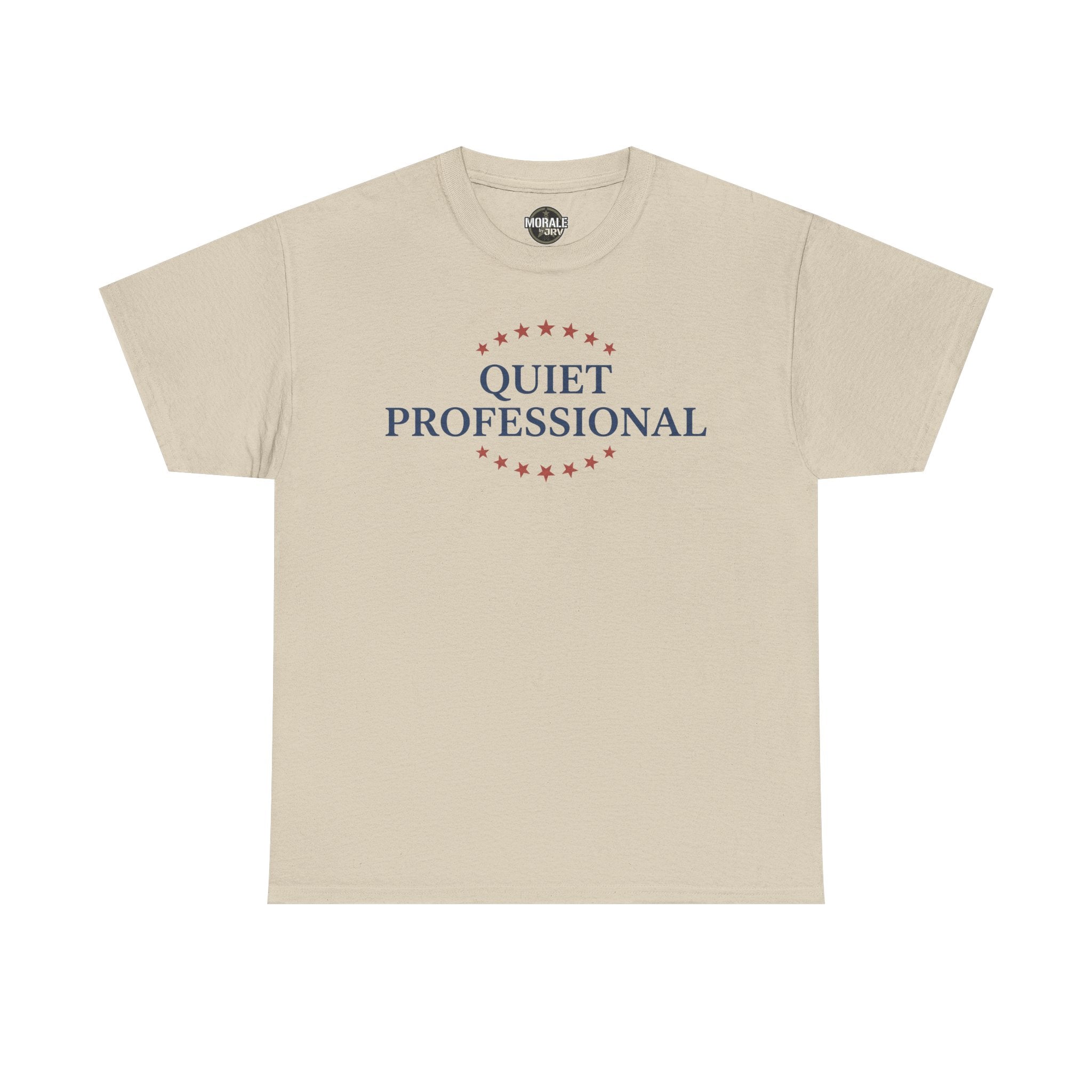Sand/beige crew-neck t-shirt with red star circle and “QUIET PROFESSIONAL” print