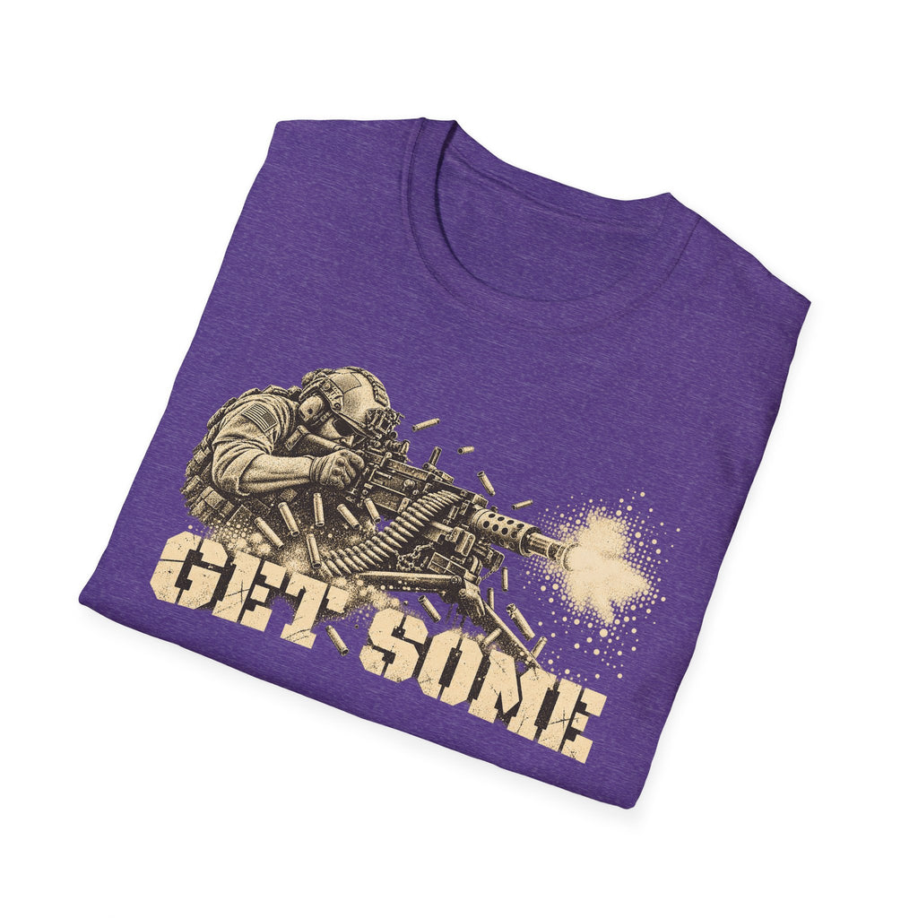 Purple crewneck T-shirt with soldier aiming machine gun and "GET SOME" graphic