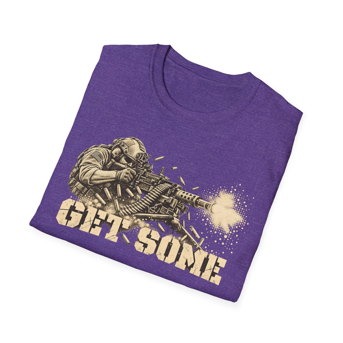 Purple crewneck T-shirt with soldier aiming machine gun and "GET SOME" graphic