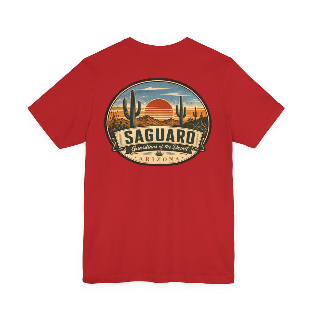 Saguaro desert graphic T-shirt in red, front chest logo with saguaro cactus and sunset